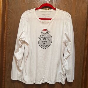 Life Is Good XL Long Sleeve Crusher Tee Women’s White Cat in Santa Hat Holiday